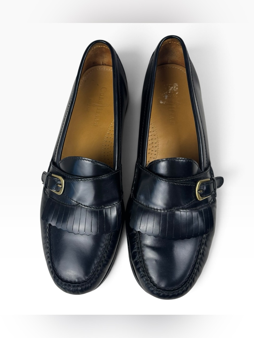 Cole Haan Black Leather Kiltie Tassel Loafers with Brass Buckle Mens Size 11.5 M